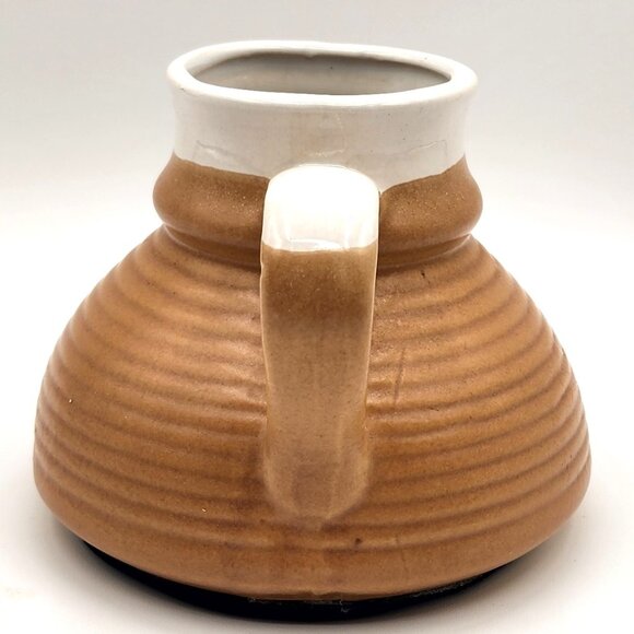 Vintage Cream Brown Glaze Ribbed Pottery No Spill Retro Travel Coffee Mug 14 oz - Picture 2 of 7